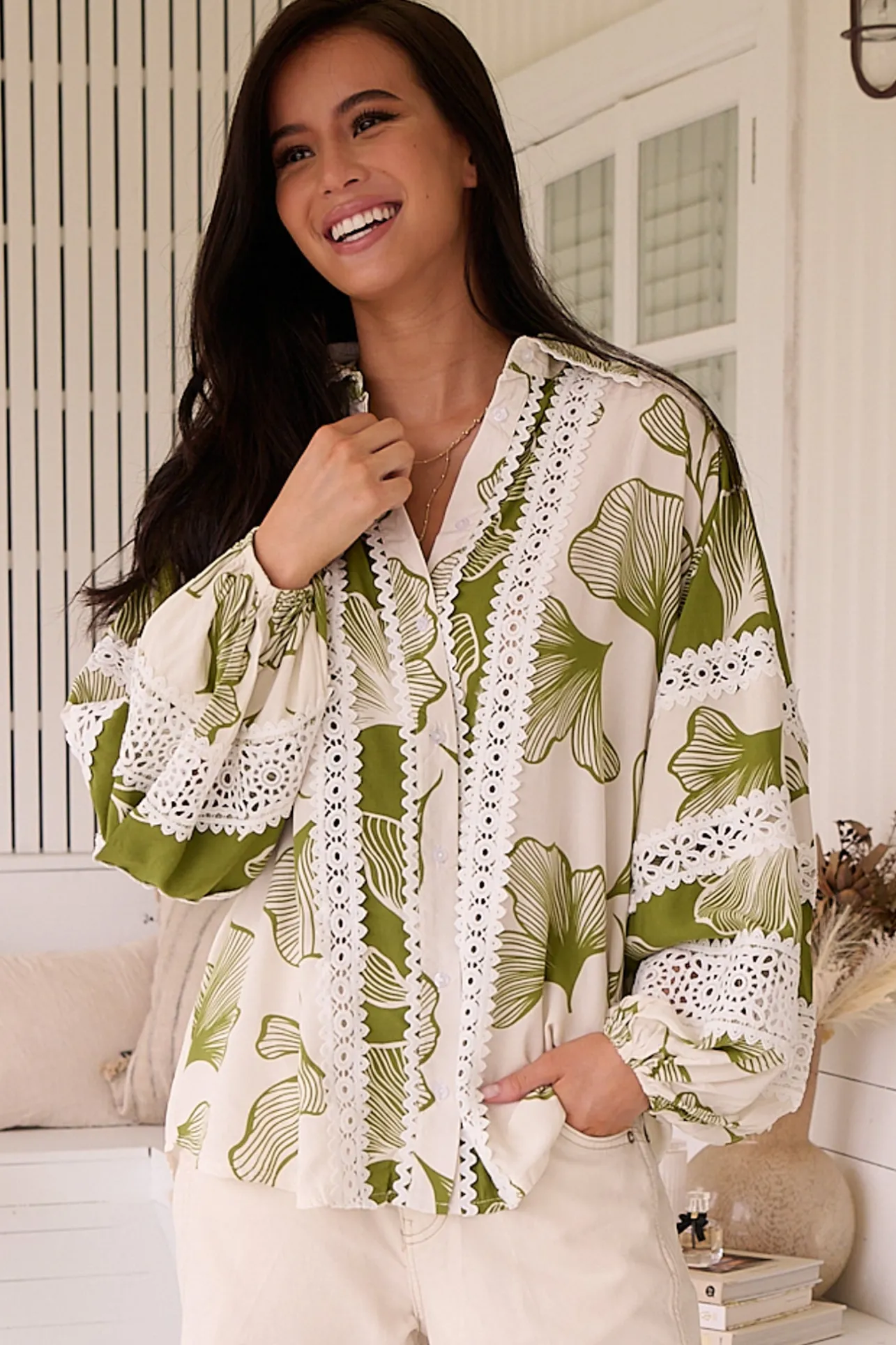 Viola Blouse - Collared Lace Spliced Button Down Blouse in Emery Print>Jaase Discount