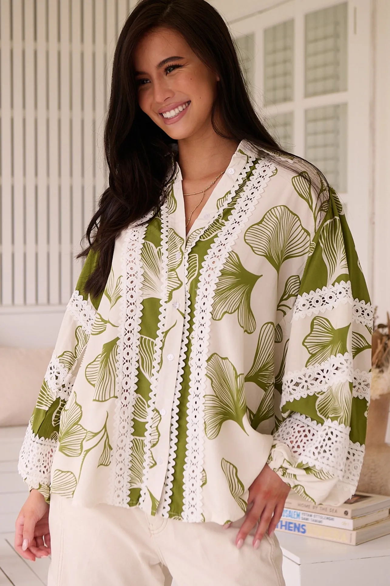 Viola Blouse - Collared Lace Spliced Button Down Blouse in Emery Print>Jaase Discount