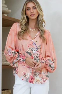 Violet Blouse - Frill Collar Button Down Balloon Sleeve Blouse In Evette Print><noscript><img width=