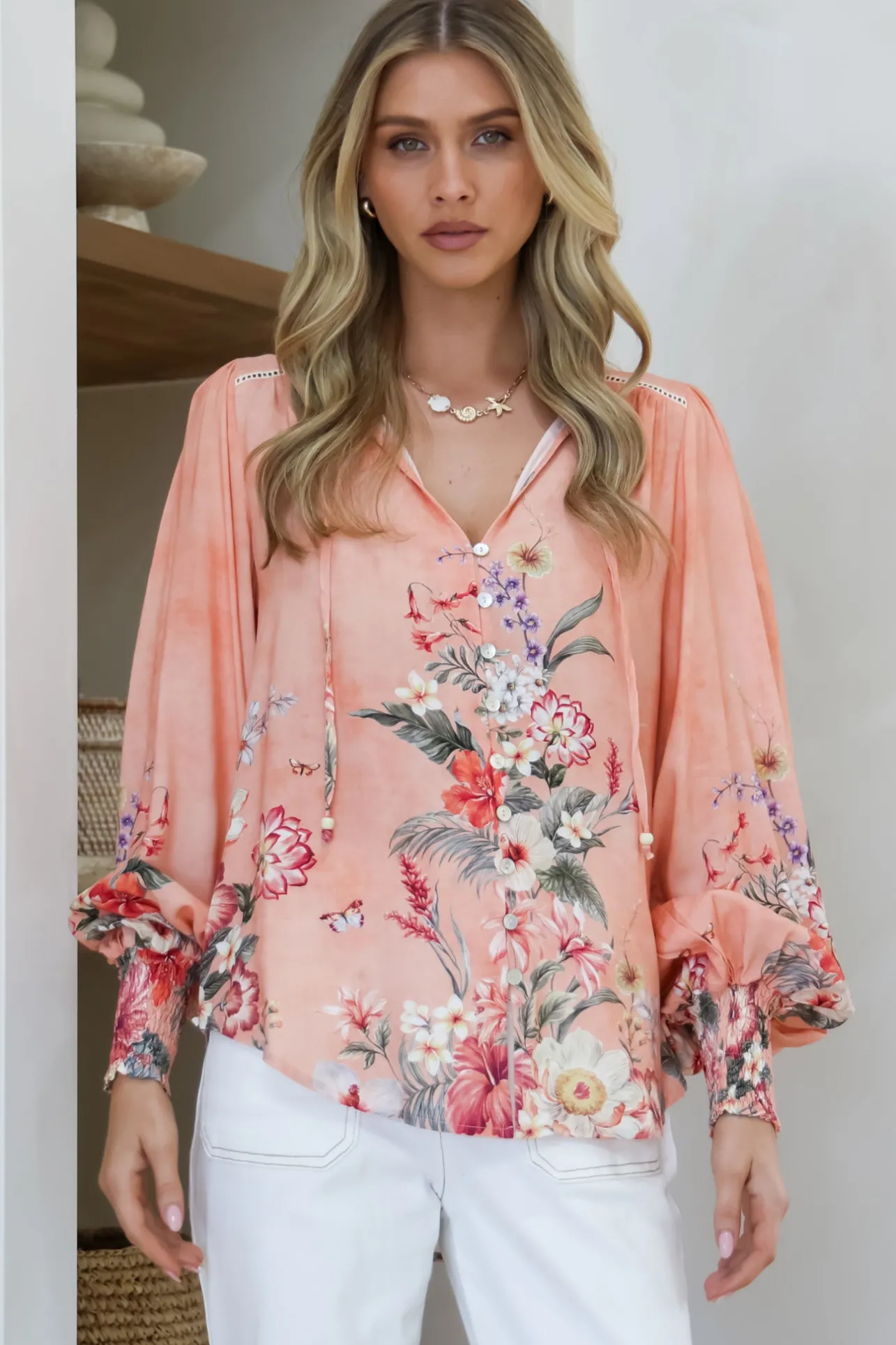Violet Blouse - Frill Collar Button Down Balloon Sleeve Blouse In Evette Print>Salty Crush Sale
