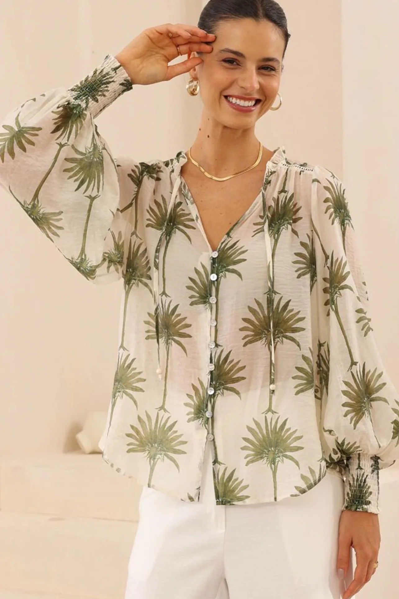Violet Blouse - Frill Collar Button Down Balloon Sleeve Blouse In Brooks Print>Salty Crush Sale
