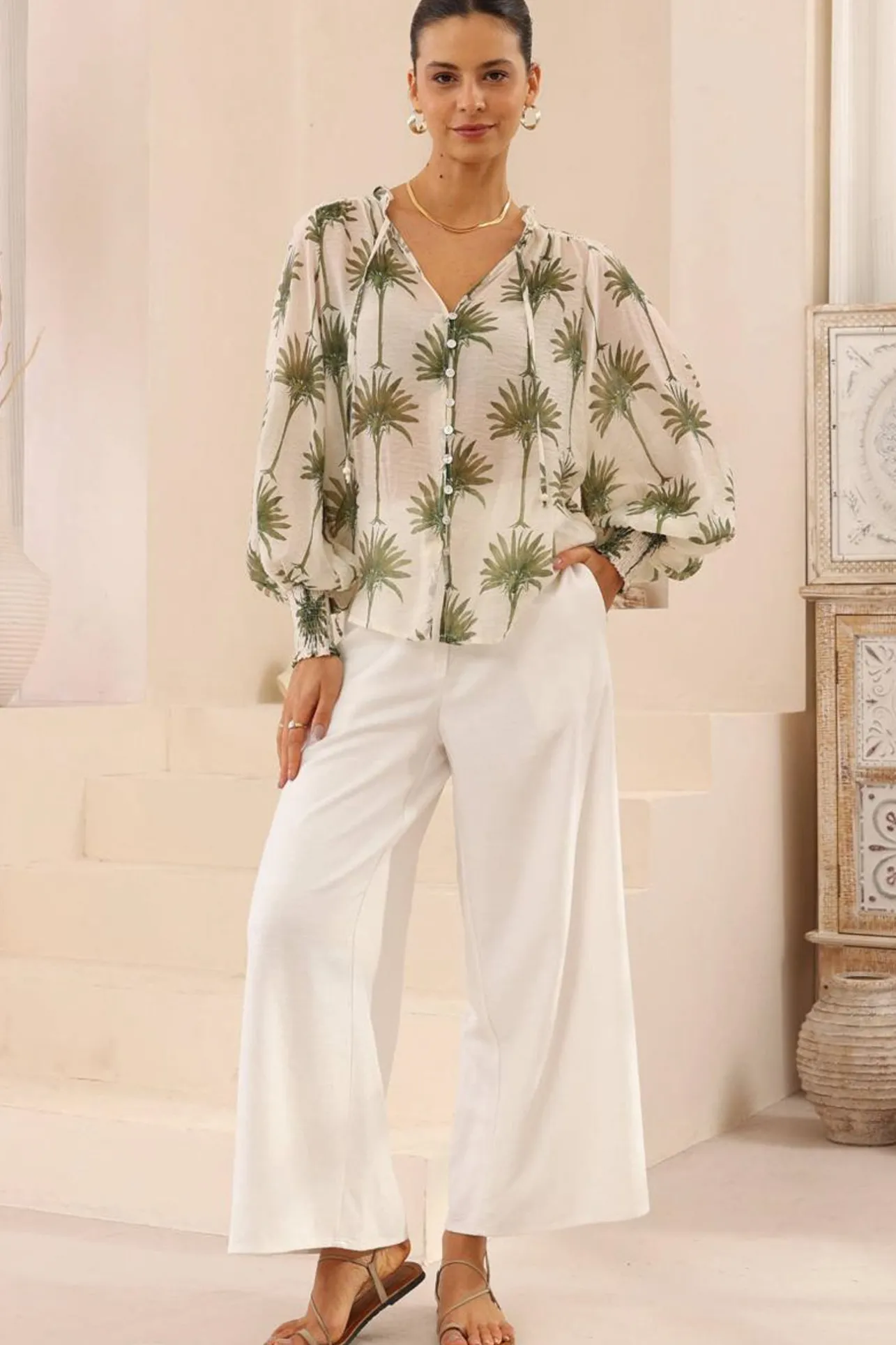 Violet Blouse - Frill Collar Button Down Balloon Sleeve Blouse In Brooks Print>Salty Crush Sale