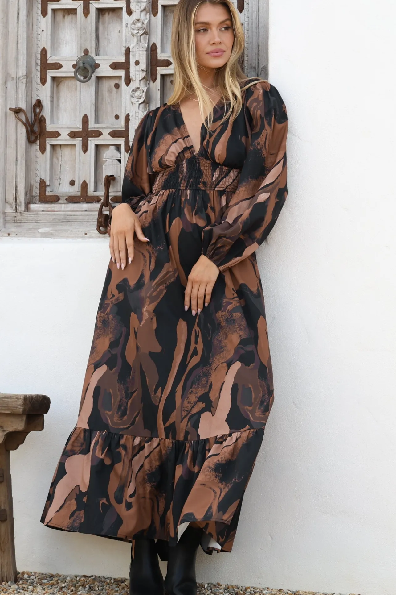 Violla Maxi Dress - V Neck Shirred Waist A Line Dress in Chelsea Print Brown>Salty Crush