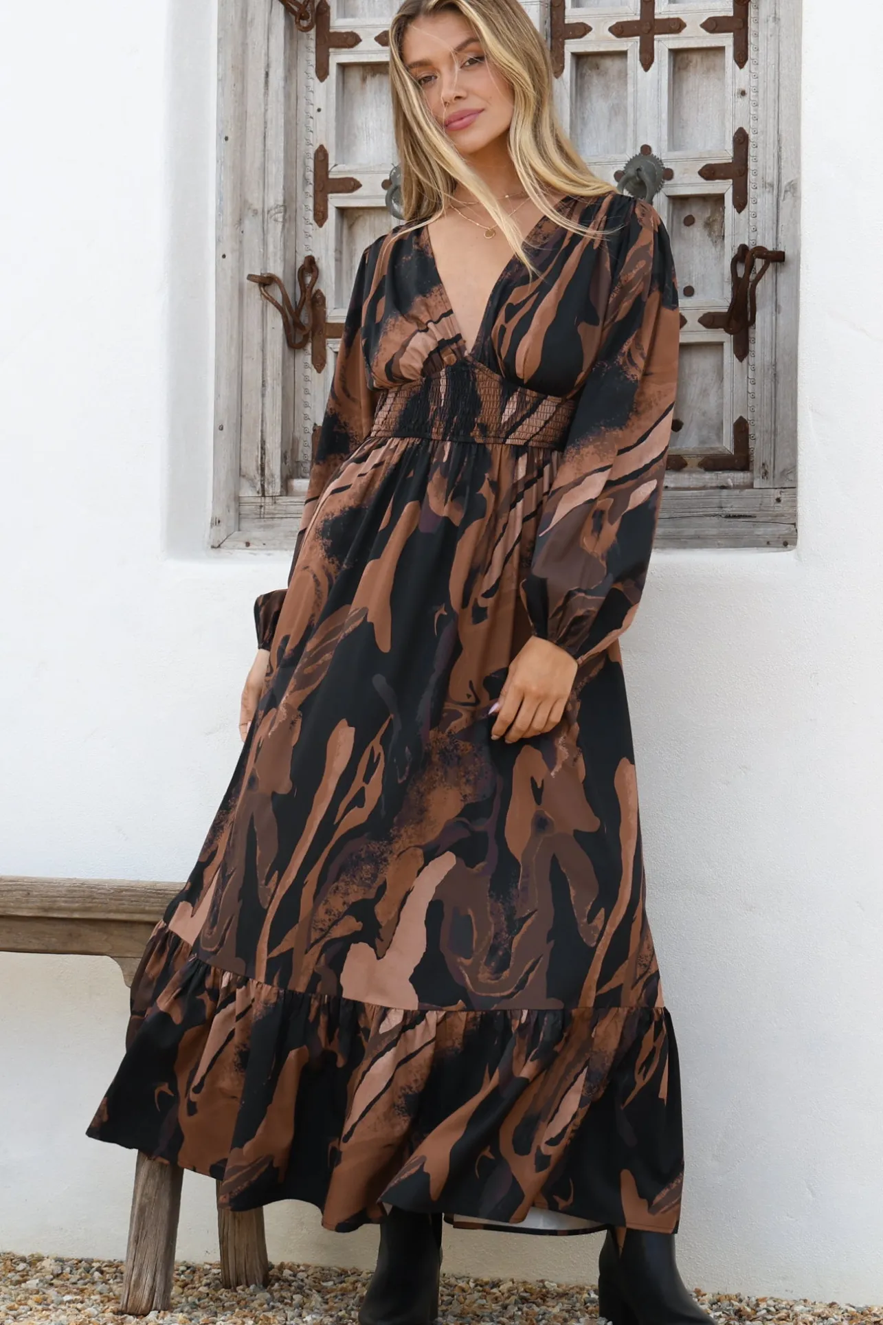 Violla Maxi Dress - V Neck Shirred Waist A Line Dress in Chelsea Print Brown>Salty Crush