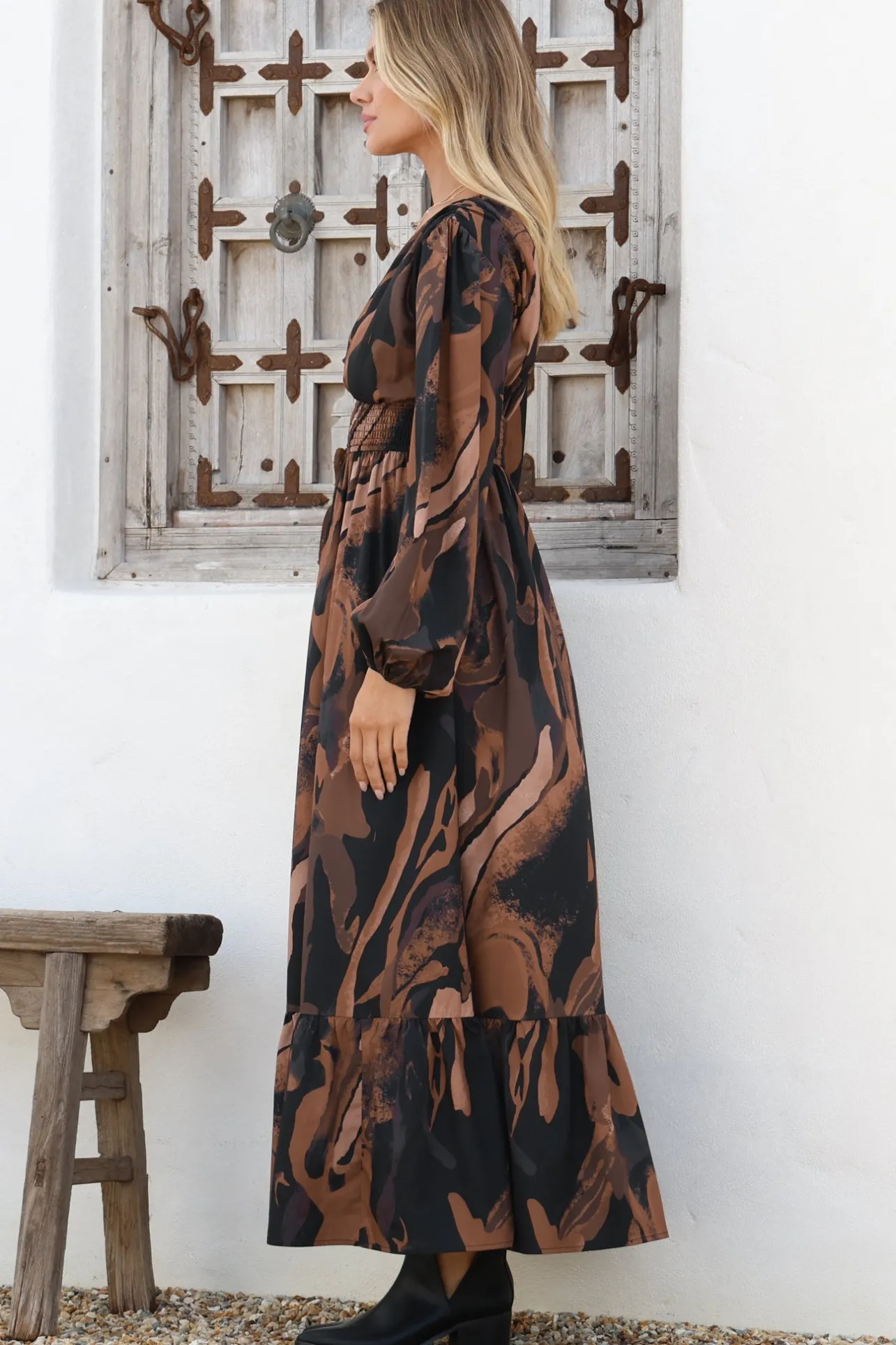 Violla Maxi Dress - V Neck Shirred Waist A Line Dress in Chelsea Print Brown>Salty Crush
