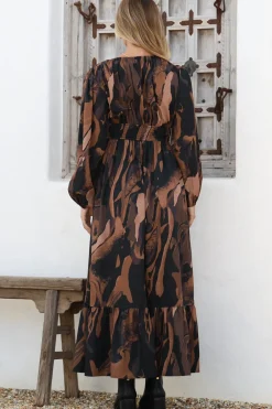 Violla Maxi Dress - V Neck Shirred Waist A Line Dress in Chelsea Print Brown><noscript><img width=