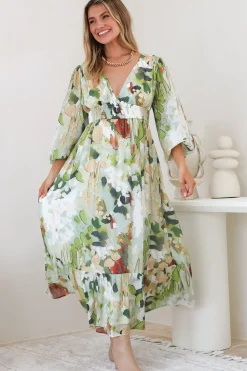 Violla Maxi Dress - V Neck Shirred Waist A Line Dress in Kamara Print Green><noscript><img width=