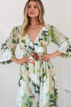 Violla Maxi Dress - V Neck Shirred Waist A Line Dress in Kamara Print Green><noscript><img width=