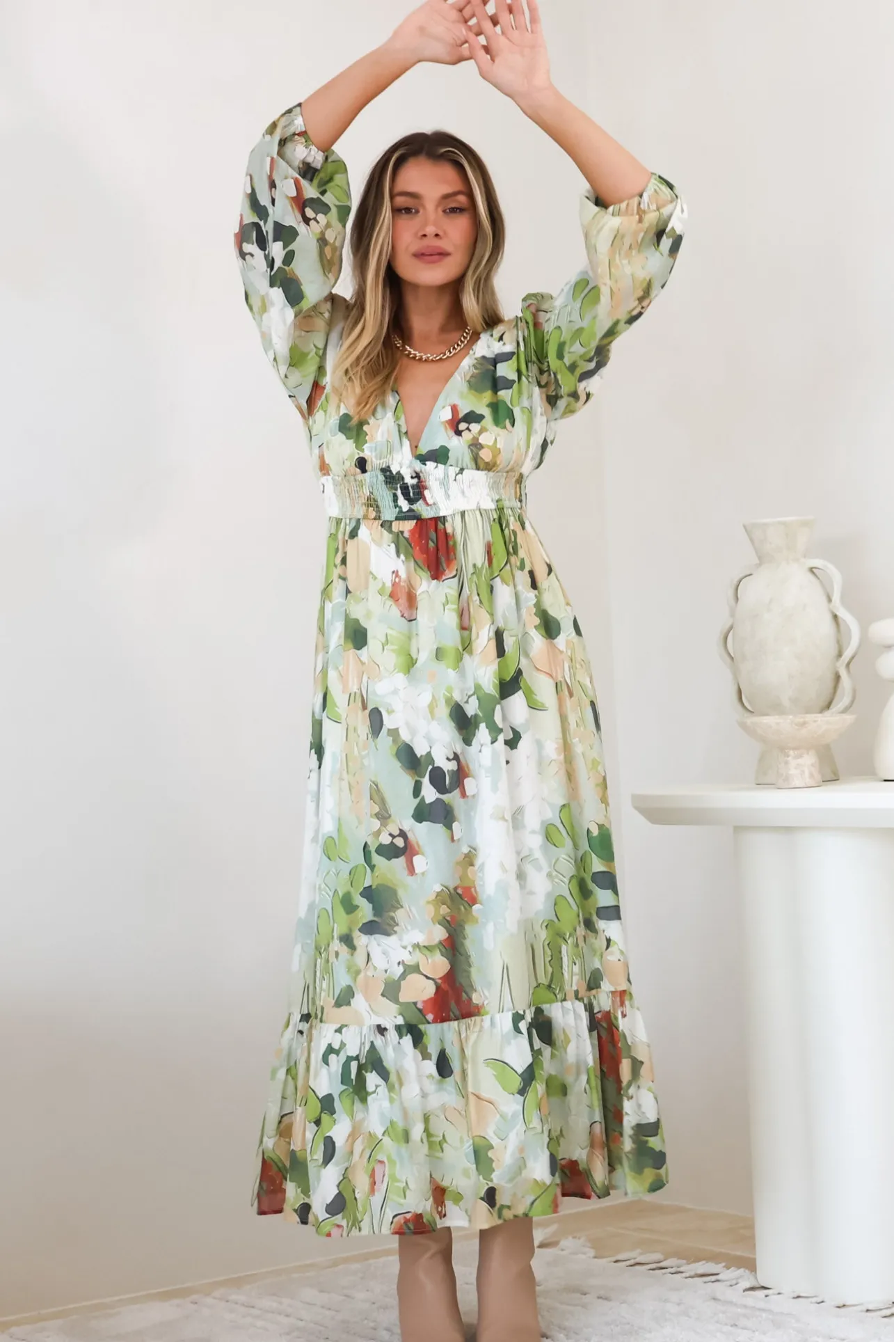 Violla Maxi Dress - V Neck Shirred Waist A Line Dress in Kamara Print Green>Salty Crush Hot