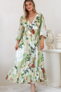 Violla Maxi Dress - V Neck Shirred Waist A Line Dress in Kamara Print Green><noscript><img width=