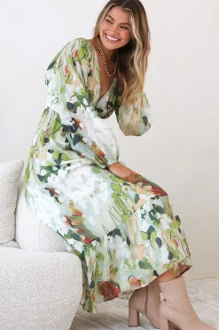 Violla Maxi Dress - V Neck Shirred Waist A Line Dress in Kamara Print Green><noscript><img width=
