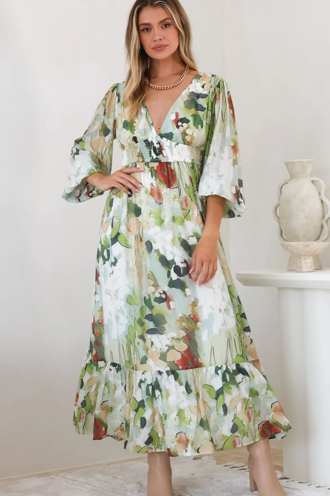 Violla Maxi Dress - V Neck Shirred Waist A Line Dress in Kamara Print Green>Salty Crush Hot