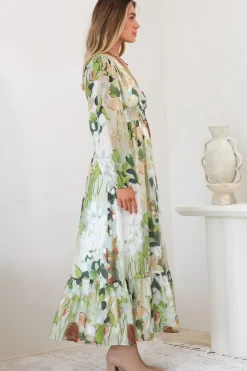 Violla Maxi Dress - V Neck Shirred Waist A Line Dress in Kamara Print Green><noscript><img width=