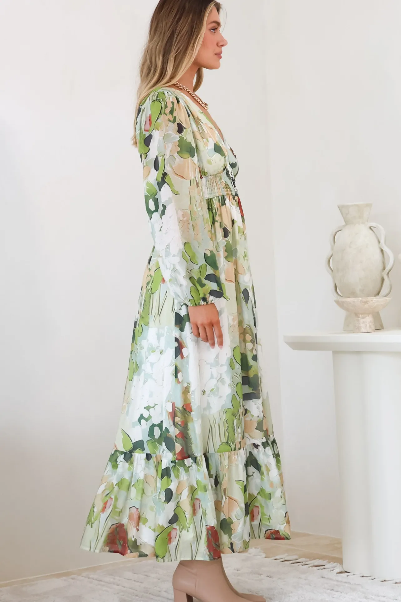 Violla Maxi Dress - V Neck Shirred Waist A Line Dress in Kamara Print Green>Salty Crush Hot