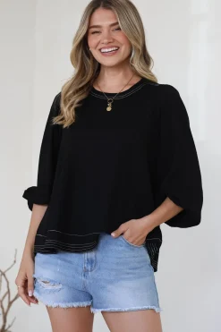 Walker Top - Round Neck Pull Over Top with Contrast Stitching in Black>Salty Crush New