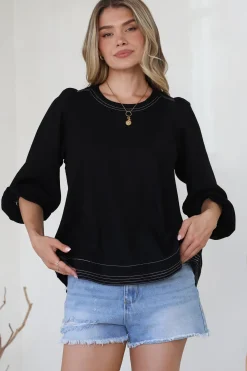 Walker Top - Round Neck Pull Over Top with Contrast Stitching in Black><noscript><img width=