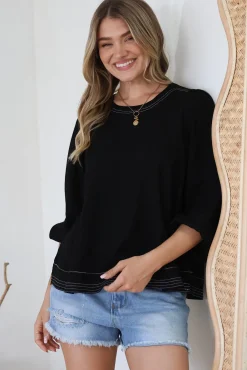 Walker Top - Round Neck Pull Over Top with Contrast Stitching in Black><noscript><img width=