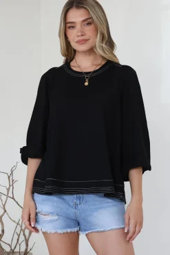 Walker Top - Round Neck Pull Over Top with Contrast Stitching in Black><noscript><img width=