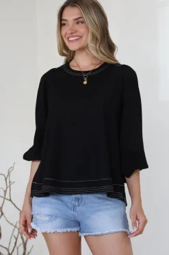 Walker Top - Round Neck Pull Over Top with Contrast Stitching in Black><noscript><img width=
