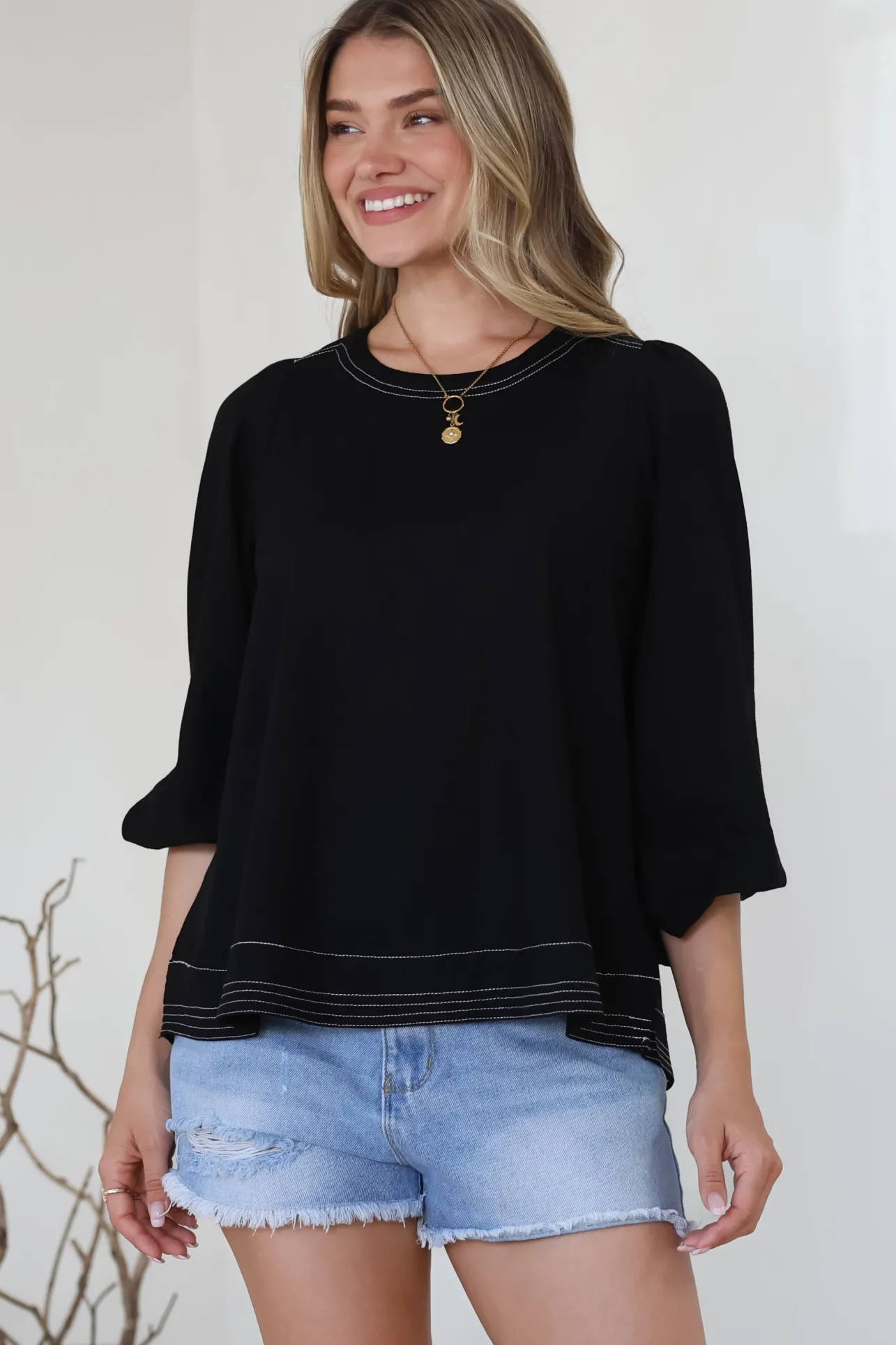 Walker Top - Round Neck Pull Over Top with Contrast Stitching in Black>Salty Crush New