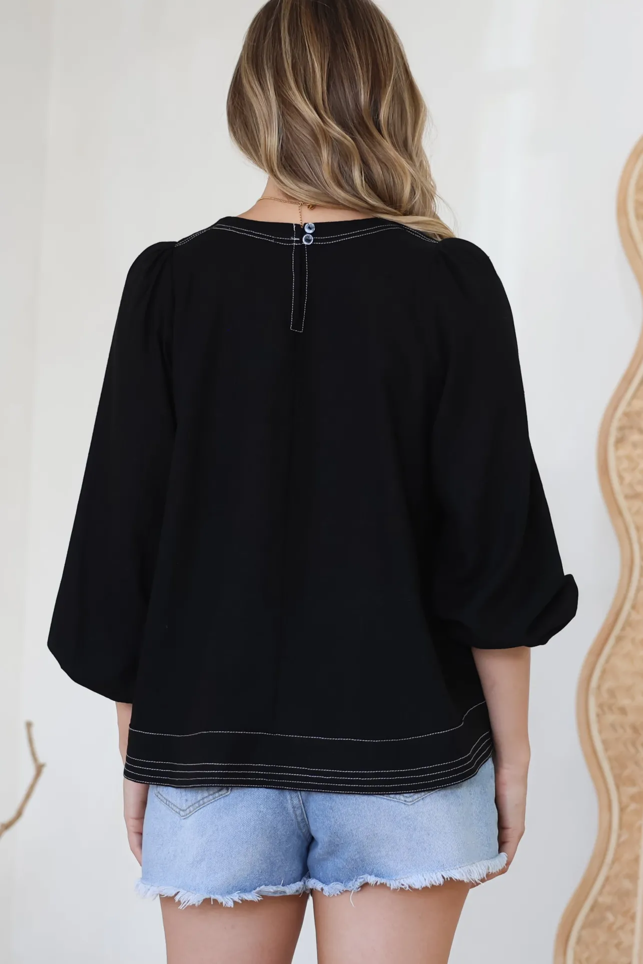 Walker Top - Round Neck Pull Over Top with Contrast Stitching in Black>Salty Crush New