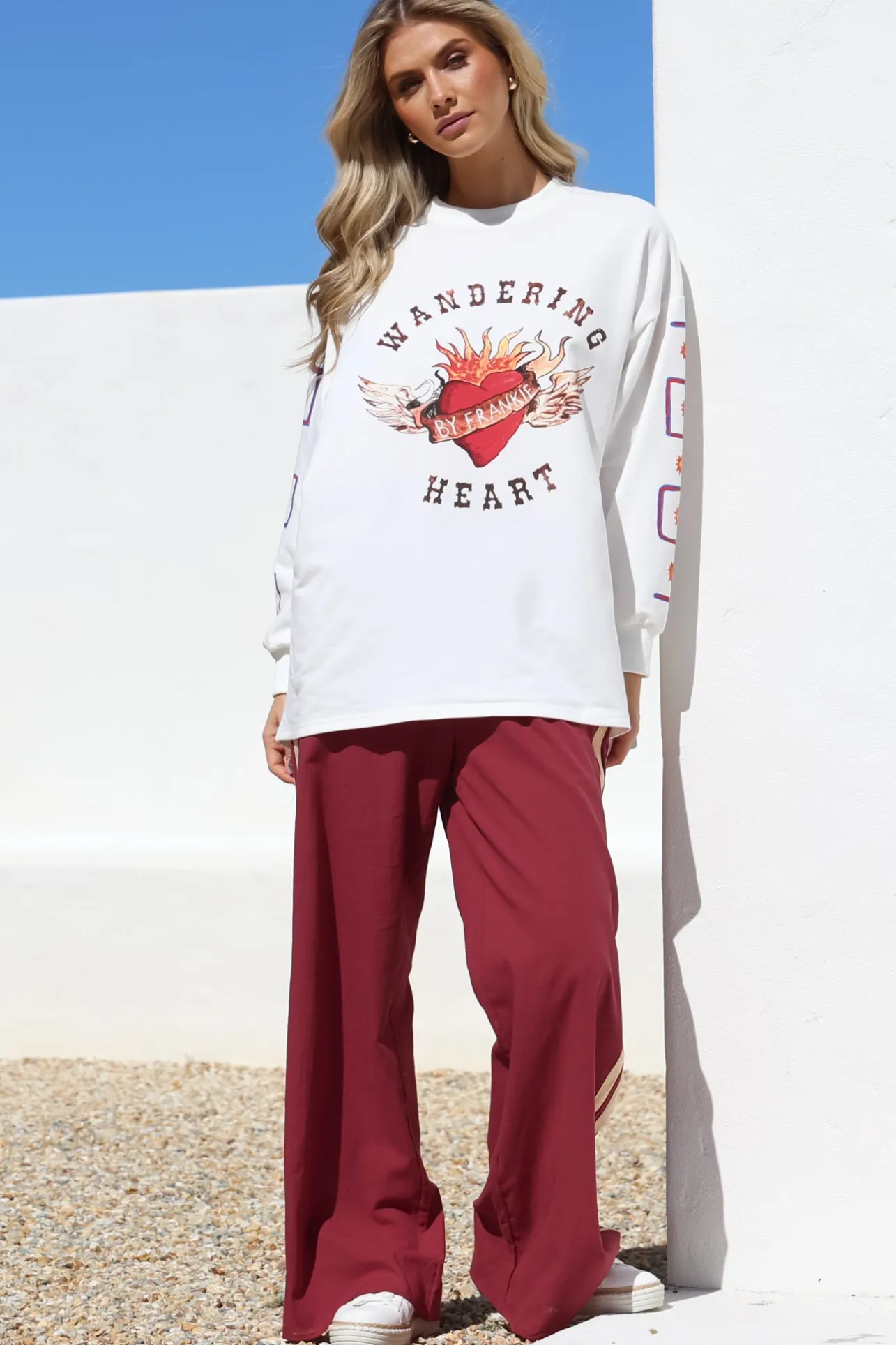 Wandering Heart Set - Graphic Long Sleeve Top and Pants with Stripe Accent in Red>Salty Crush Sale