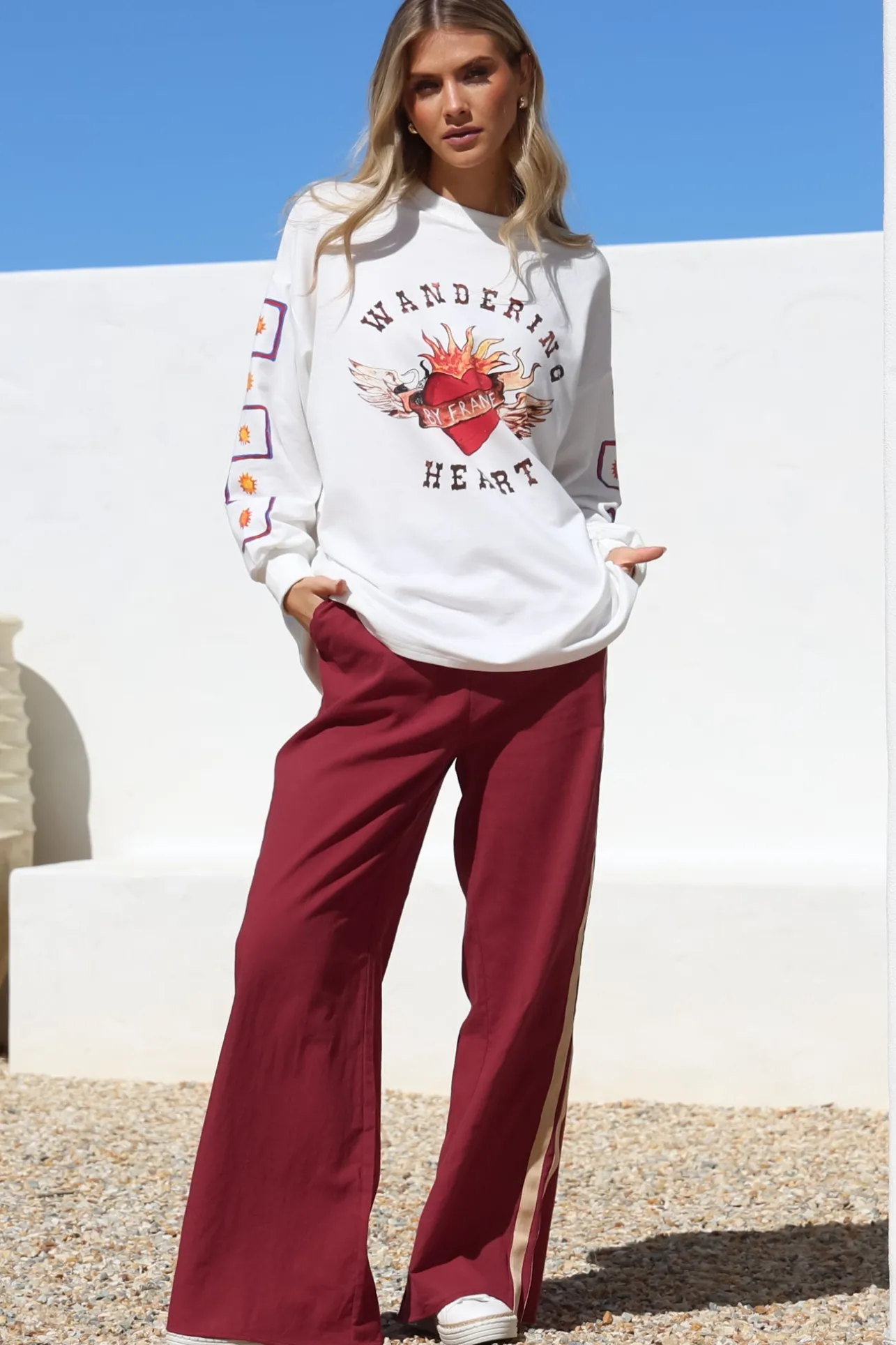 Wandering Heart Set - Graphic Long Sleeve Top and Pants with Stripe Accent in Red>Salty Crush Sale