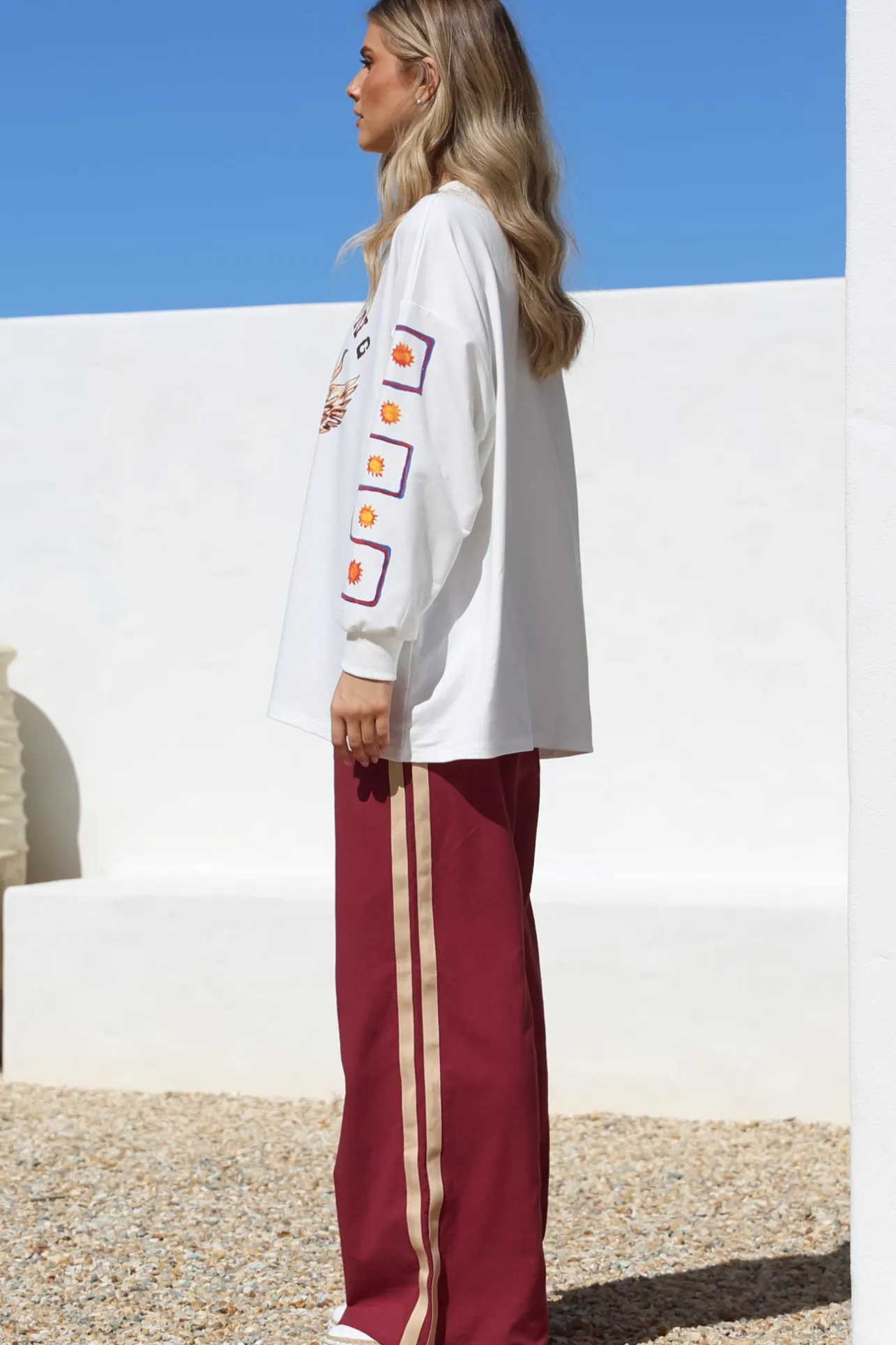 Wandering Heart Set - Graphic Long Sleeve Top and Pants with Stripe Accent in Red>Salty Crush Sale