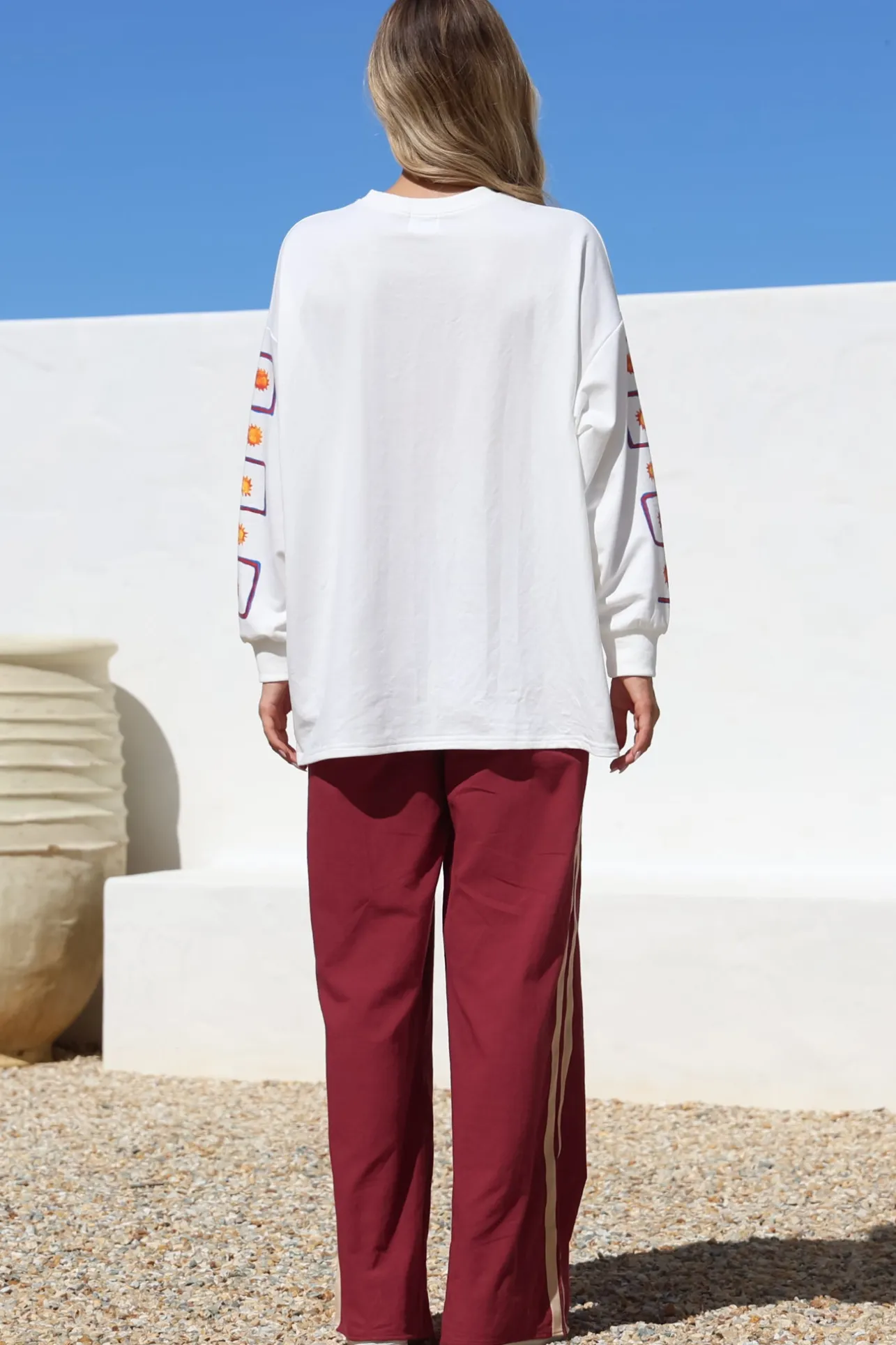 Wandering Heart Set - Graphic Long Sleeve Top and Pants with Stripe Accent in Red>Salty Crush Sale