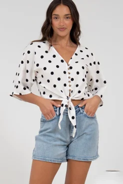 Waverly Top - V-Neck Button Down Top with Tie at Waist in Black Polka Dot Print>Salty Crush New