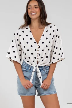 Waverly Top - V-Neck Button Down Top with Tie at Waist in Black Polka Dot Print><noscript><img width=