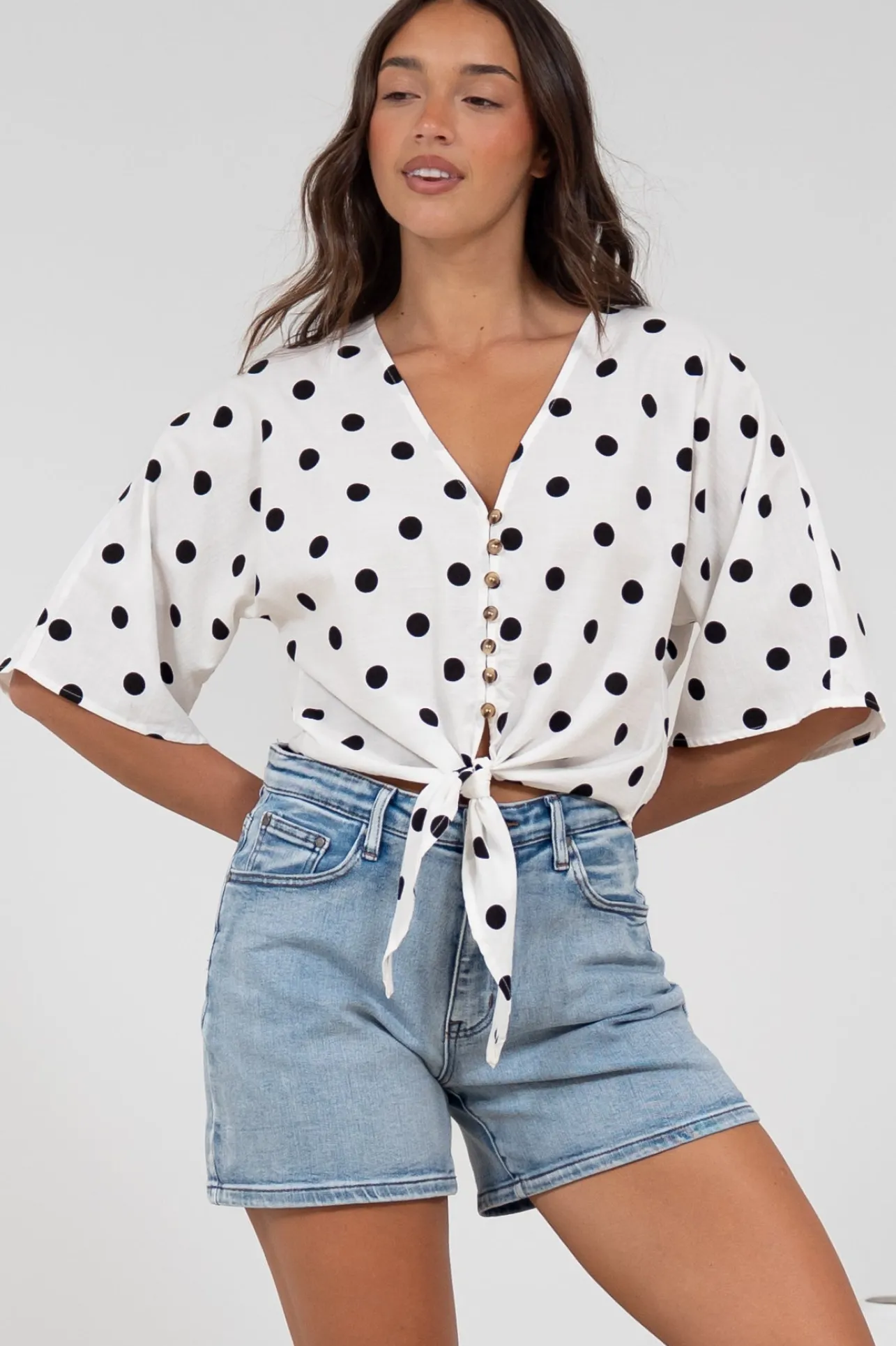 Waverly Top - V-Neck Button Down Top with Tie at Waist in Black Polka Dot Print>Salty Crush New