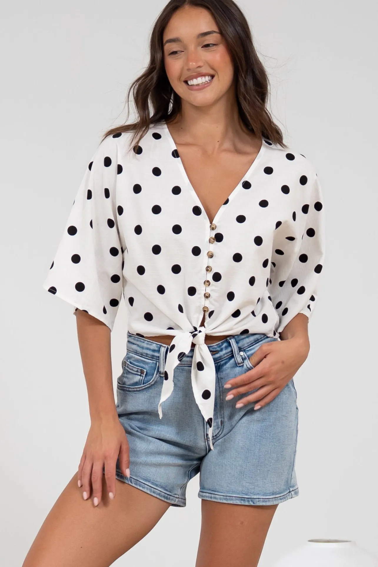 Waverly Top - V-Neck Button Down Top with Tie at Waist in Black Polka Dot Print>Salty Crush New