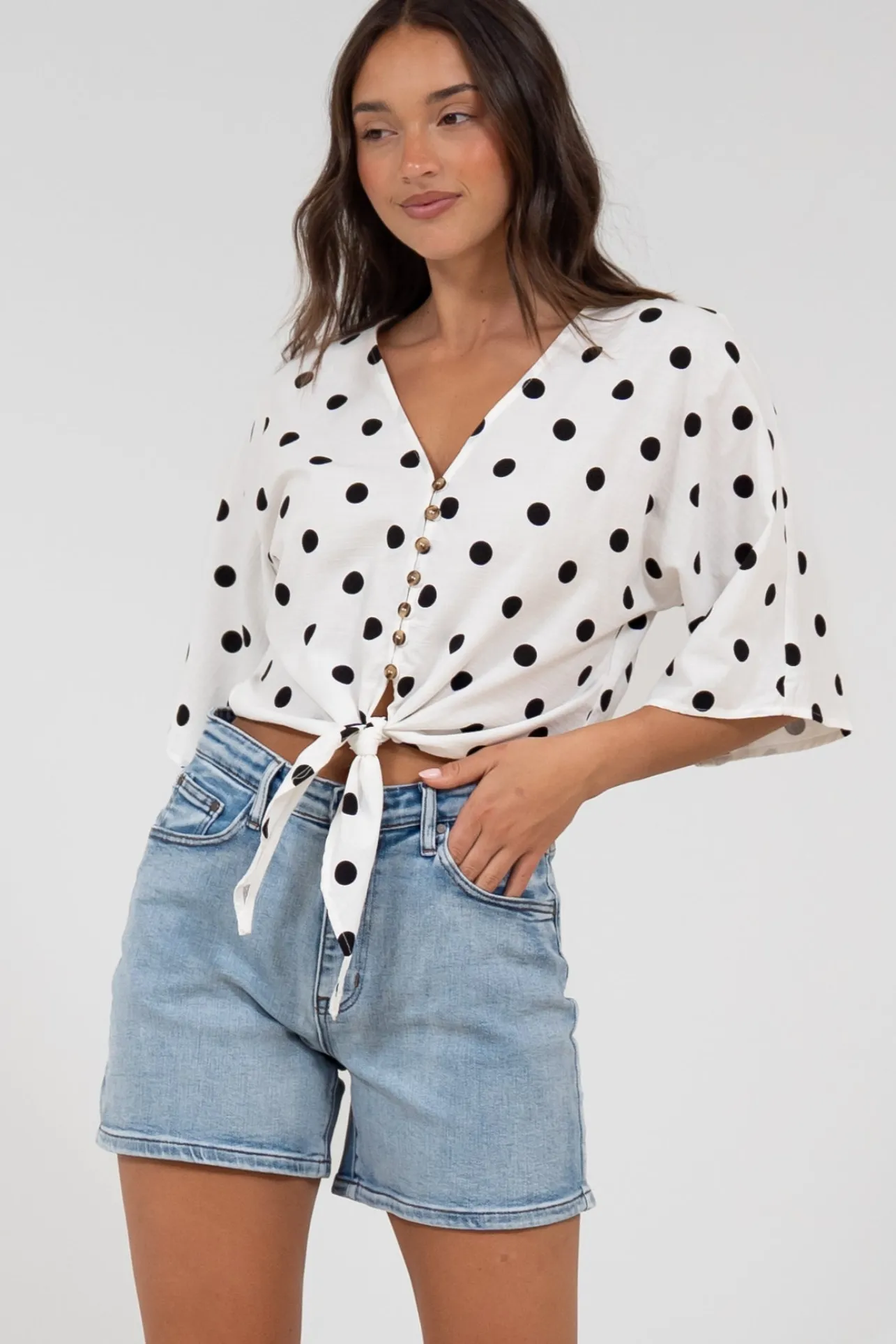 Waverly Top - V-Neck Button Down Top with Tie at Waist in Black Polka Dot Print>Salty Crush New