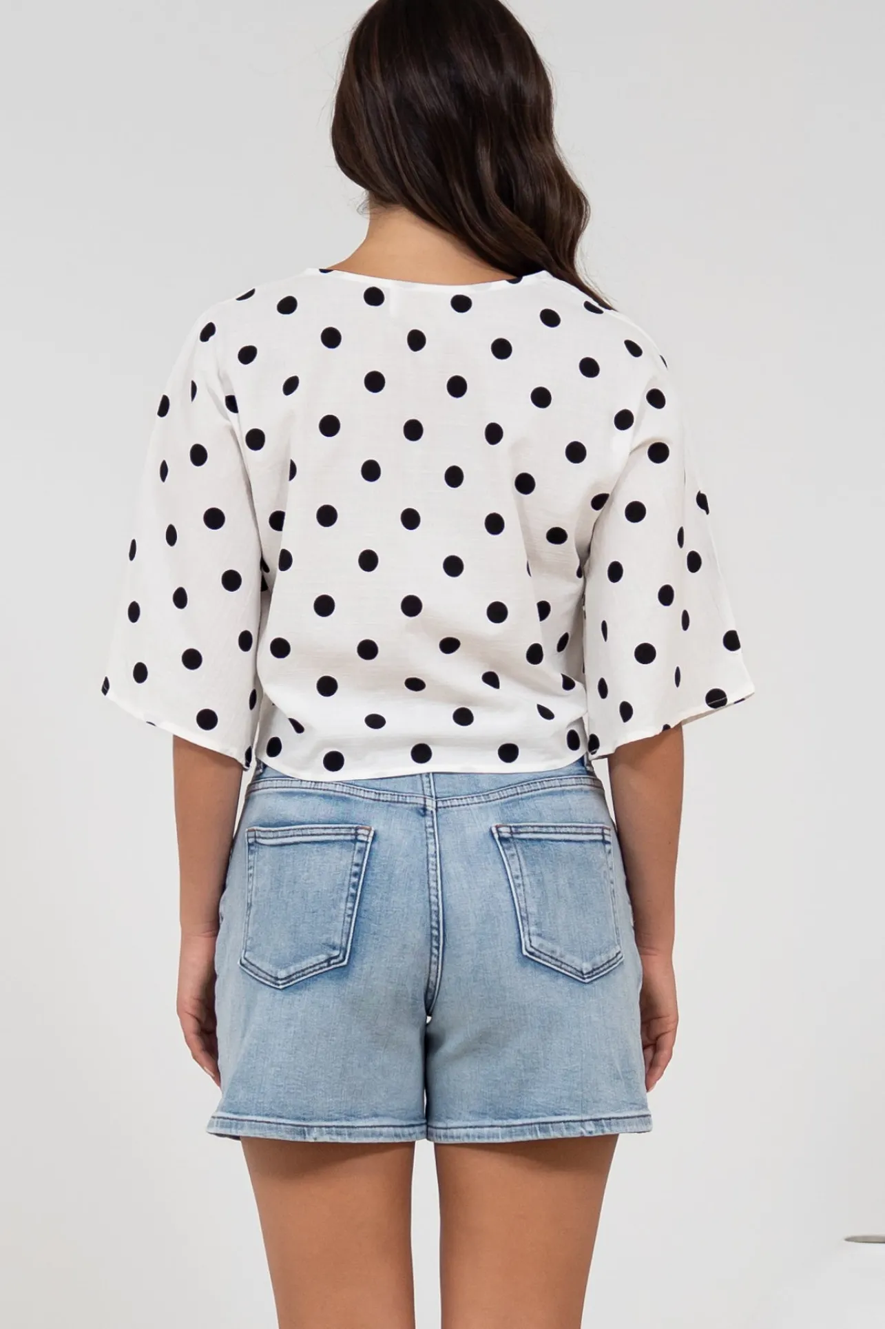 Waverly Top - V-Neck Button Down Top with Tie at Waist in Black Polka Dot Print>Salty Crush New