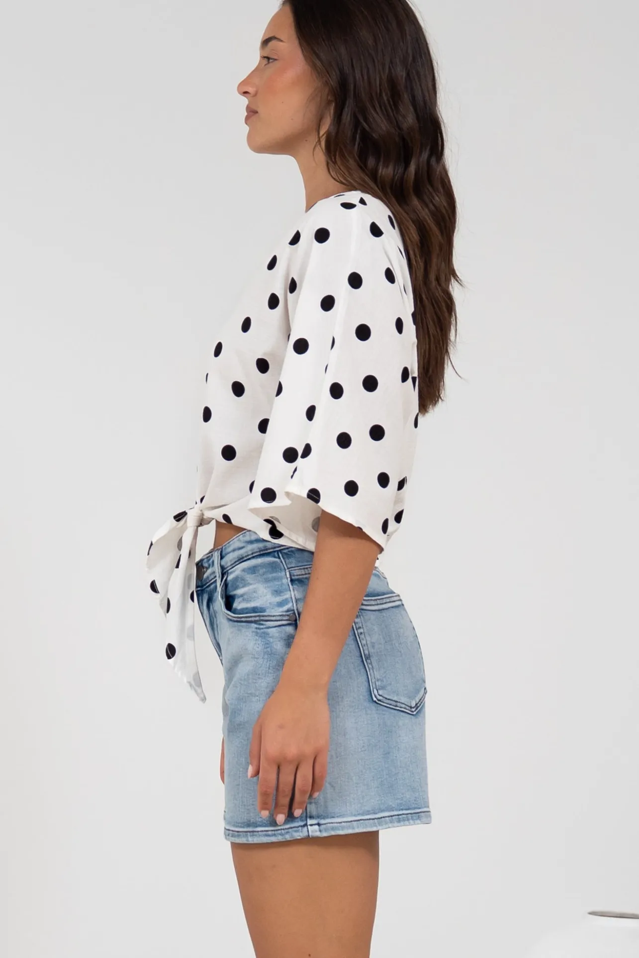 Waverly Top - V-Neck Button Down Top with Tie at Waist in Black Polka Dot Print>Salty Crush New