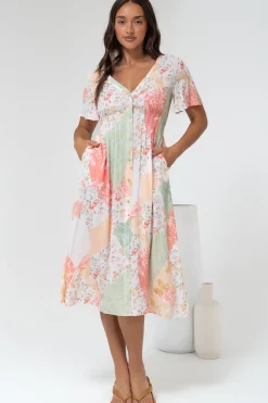 Wesley Midi Dress - V-Neck A-Line Dress with Flutter Sleeves in Loyola Print>Salty Crush New