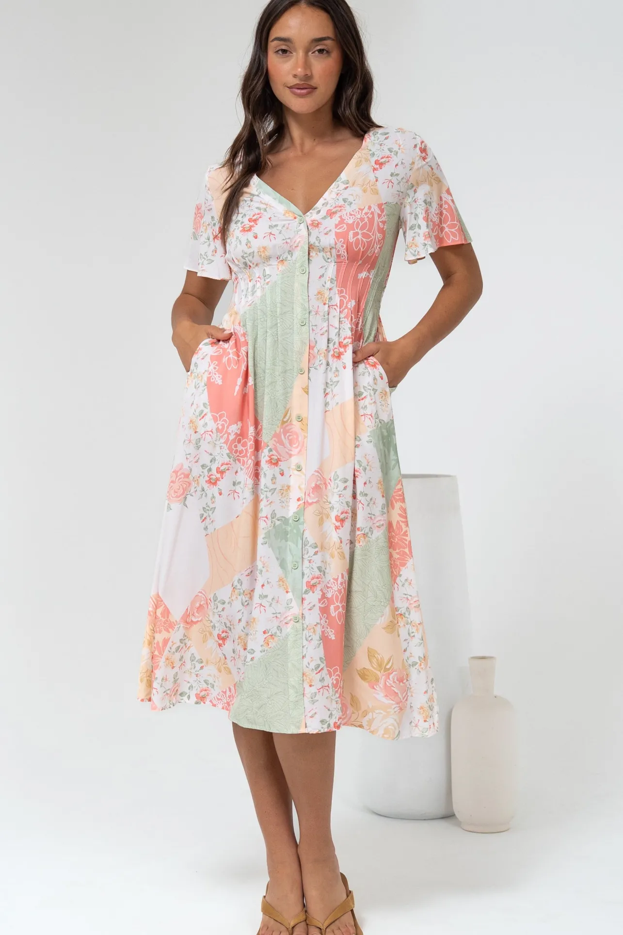 Wesley Midi Dress - V-Neck A-Line Dress with Flutter Sleeves in Loyola Print>Salty Crush New