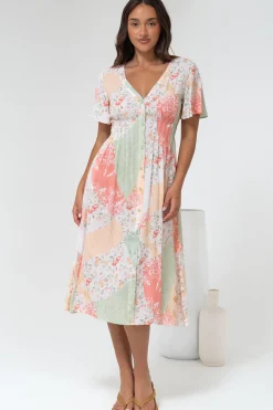 Wesley Midi Dress - V-Neck A-Line Dress with Flutter Sleeves in Loyola Print><noscript><img width=