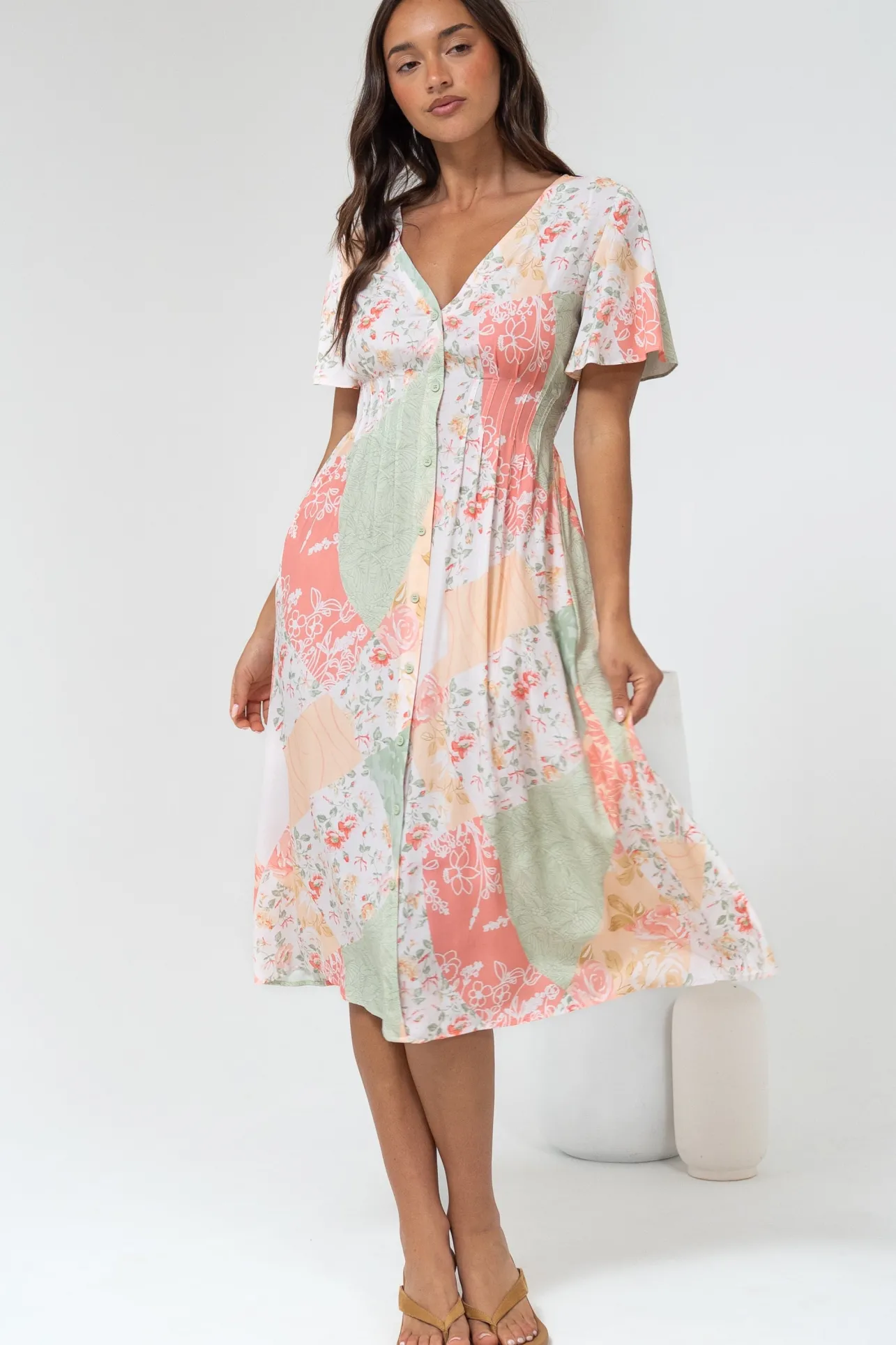 Wesley Midi Dress - V-Neck A-Line Dress with Flutter Sleeves in Loyola Print>Salty Crush New