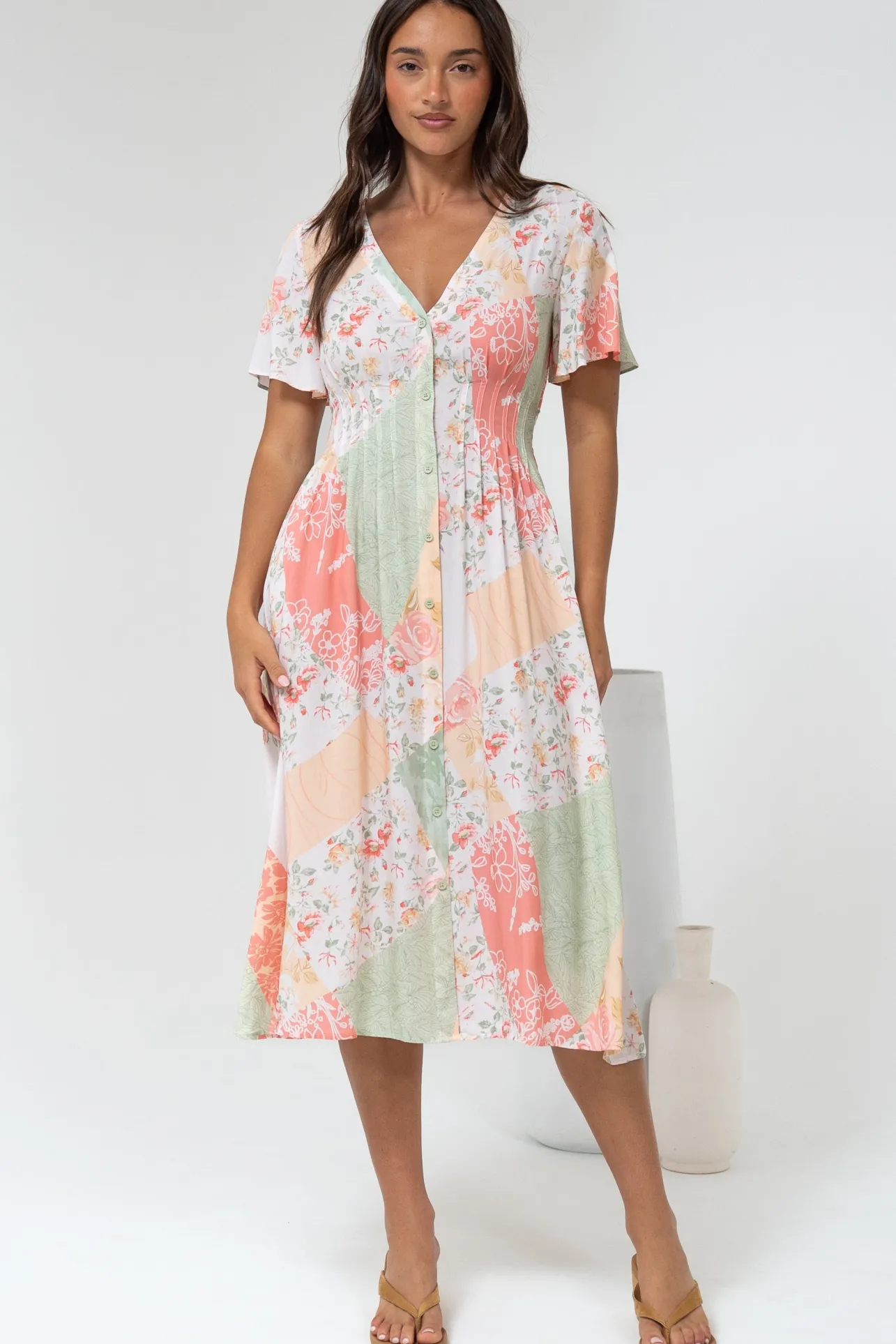Wesley Midi Dress - V-Neck A-Line Dress with Flutter Sleeves in Loyola Print>Salty Crush New