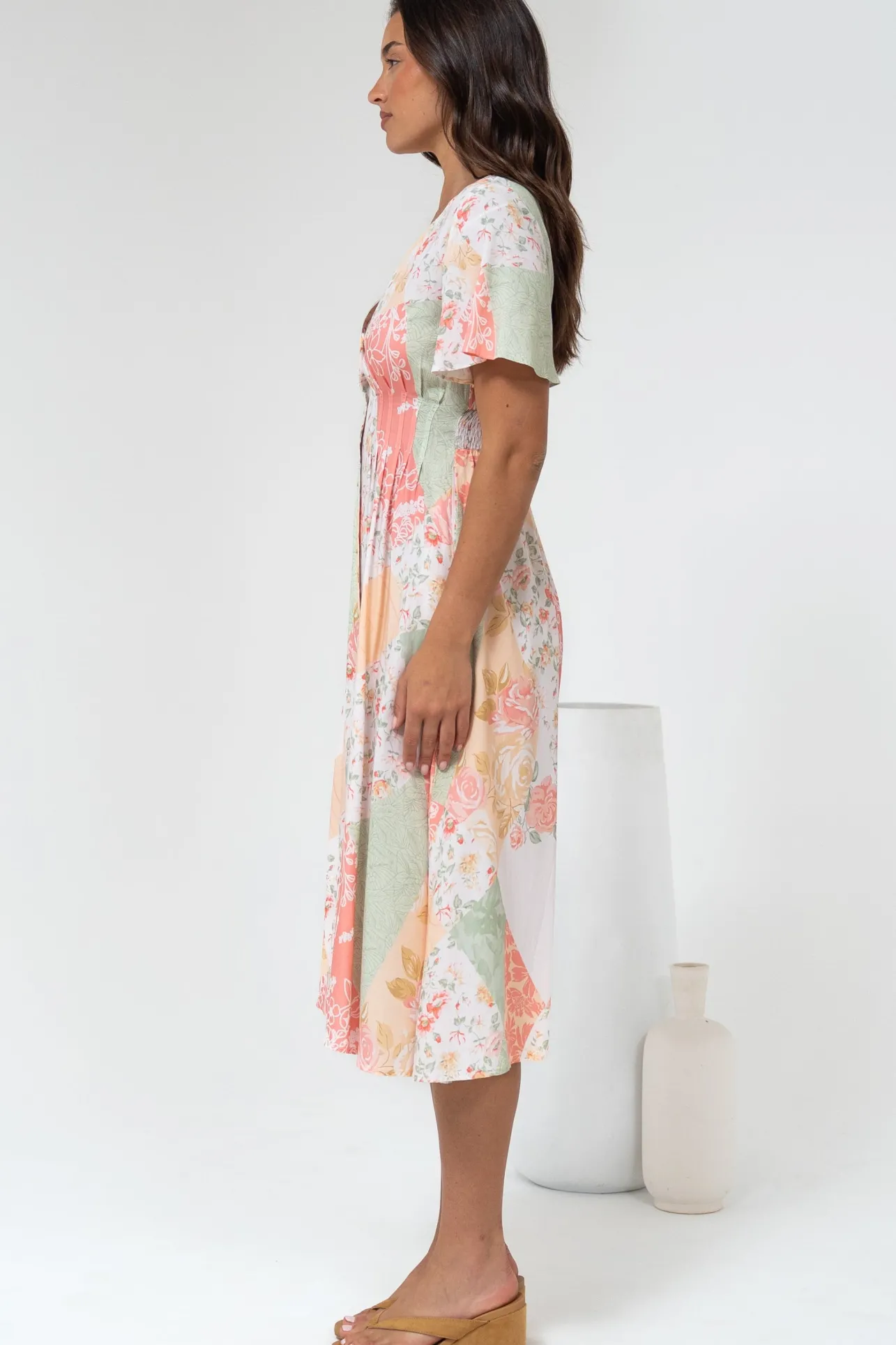 Wesley Midi Dress - V-Neck A-Line Dress with Flutter Sleeves in Loyola Print>Salty Crush New