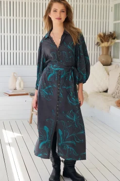 Whitney Midi Dress - Collared Button Down Shirt Dress with Belt in Midnight Lilly Print>Jaase Sale