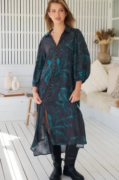 Whitney Midi Dress - Collared Button Down Shirt Dress with Belt in Midnight Lilly Print><noscript><img width=
