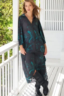 Whitney Midi Dress - Collared Button Down Shirt Dress with Belt in Midnight Lilly Print><noscript><img width=