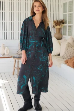 Whitney Midi Dress - Collared Button Down Shirt Dress with Belt in Midnight Lilly Print><noscript><img width=