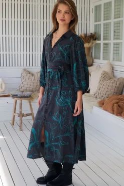 Whitney Midi Dress - Collared Button Down Shirt Dress with Belt in Midnight Lilly Print><noscript><img width=