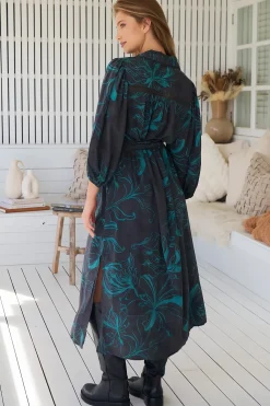 Whitney Midi Dress - Collared Button Down Shirt Dress with Belt in Midnight Lilly Print><noscript><img width=
