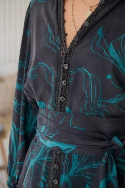 Whitney Midi Dress - Collared Button Down Shirt Dress with Belt in Midnight Lilly Print><noscript><img width=