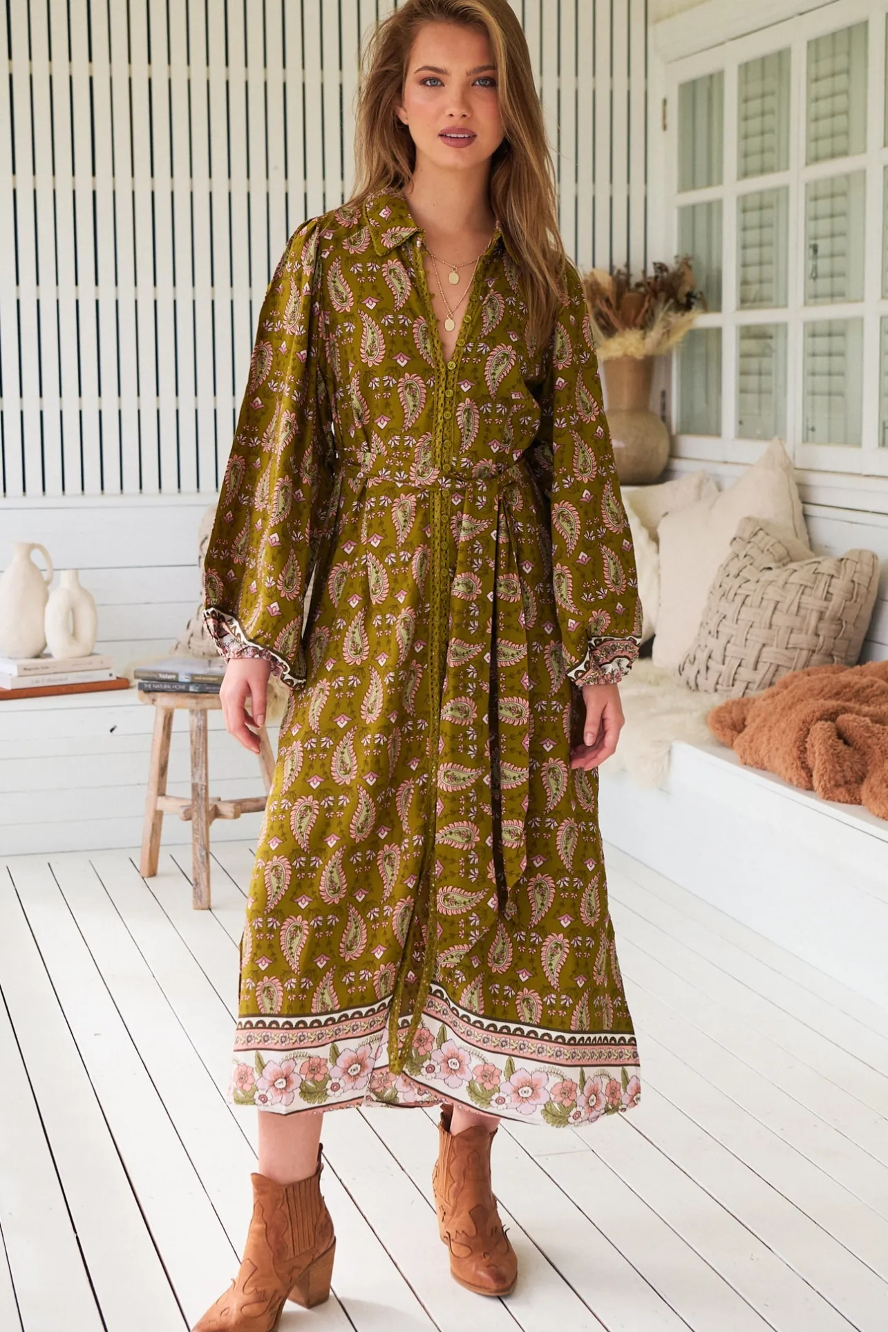 Whitney Midi Dress - Collared Button Down Shirt Dress with Belt in Amalie Print>Jaase Sale